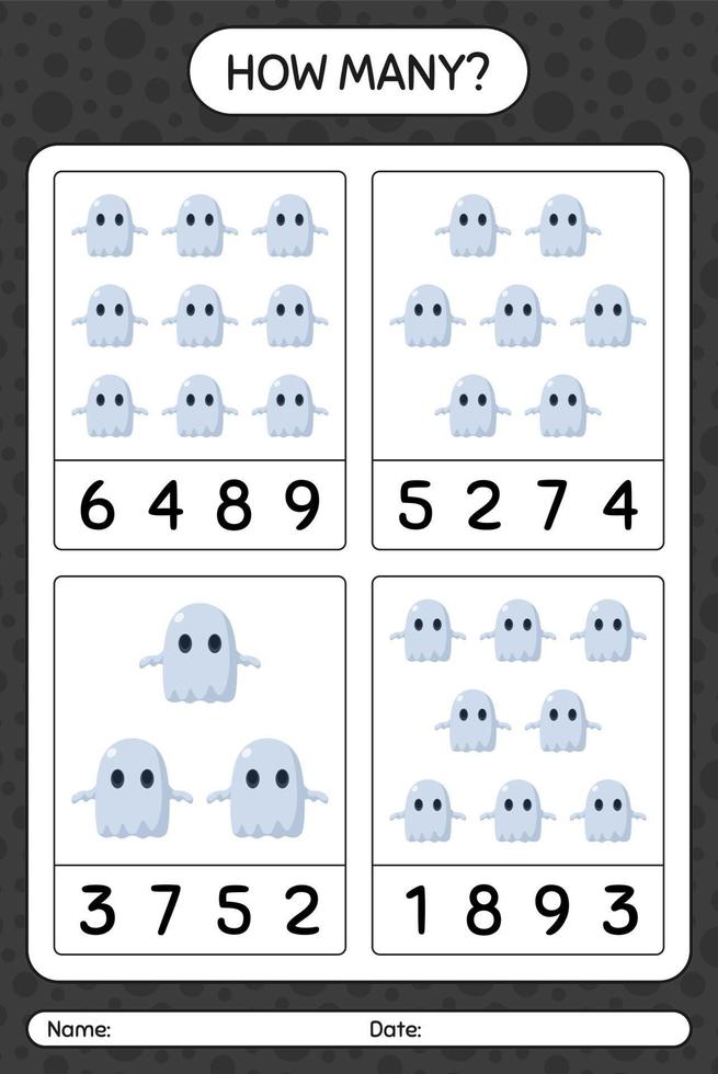 How many counting game with ghost. worksheet for preschool kids, kids activity sheet vector