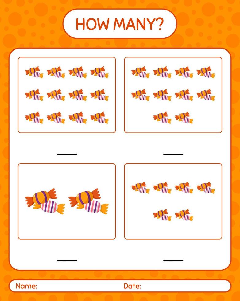 How many counting game with candy. worksheet for preschool kids, kids activity sheet vector