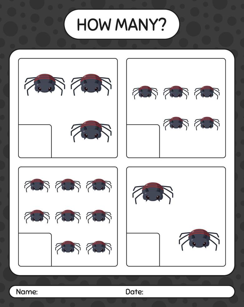 How many counting game with spider. worksheet for preschool kids, kids activity sheet vector