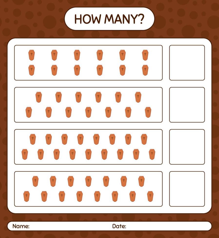 How many counting game with coffin. worksheet for preschool kids, kids activity sheet vector