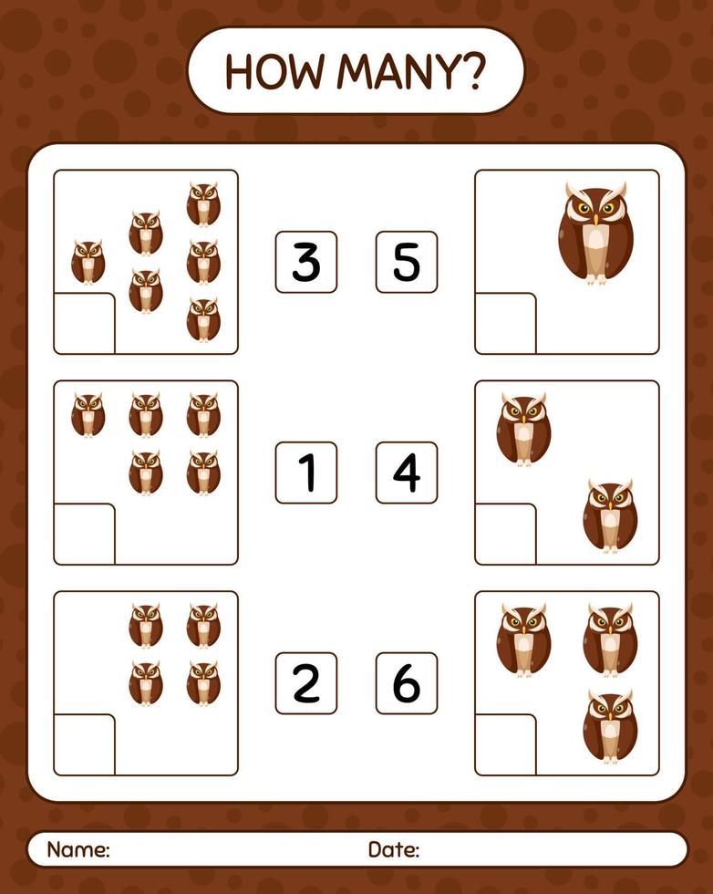 How many counting game with owl. worksheet for preschool kids, kids activity sheet vector