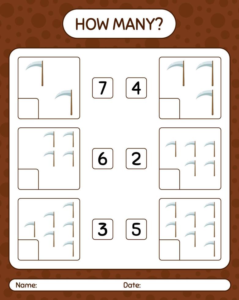 How many counting game with scythe. worksheet for preschool kids, kids activity sheet vector