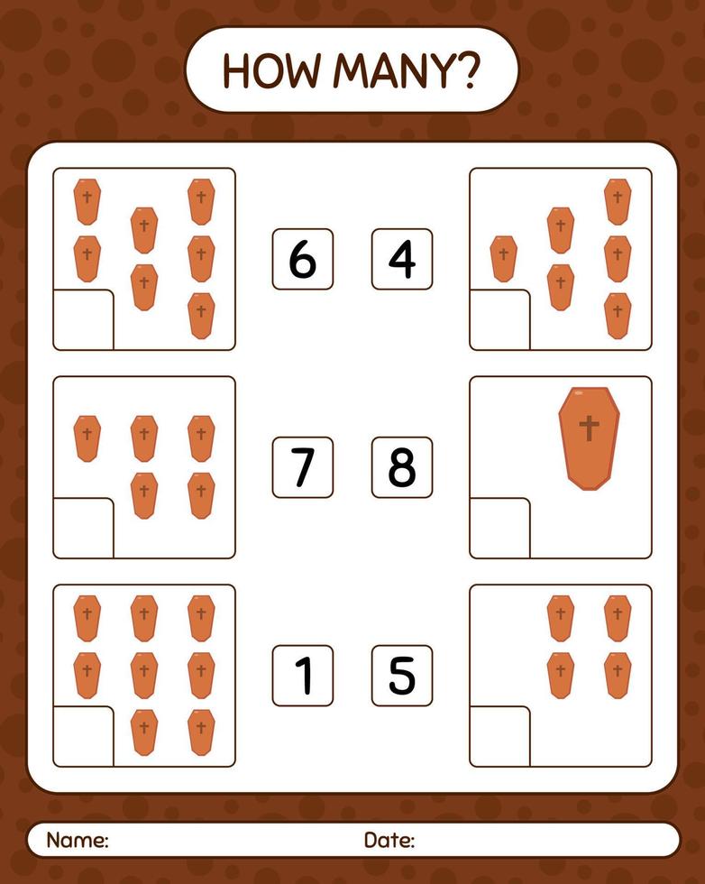 How many counting game with coffin. worksheet for preschool kids, kids activity sheet vector