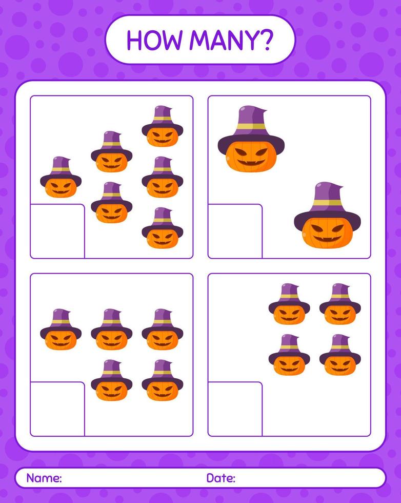 How many counting game with jack o' lantern. worksheet for preschool kids, kids activity sheet vector