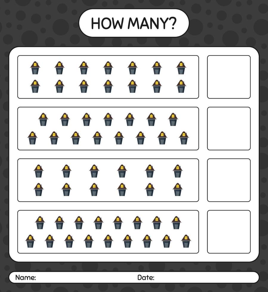 How many counting game with house. worksheet for preschool kids, kids activity sheet vector