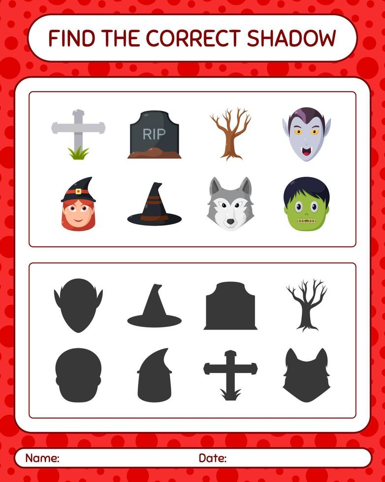 encuentra el juego de sombras correcto con el icono de halloween. hoja de trabajo para niños en edad preescolar, hoja de actividades para niños vector