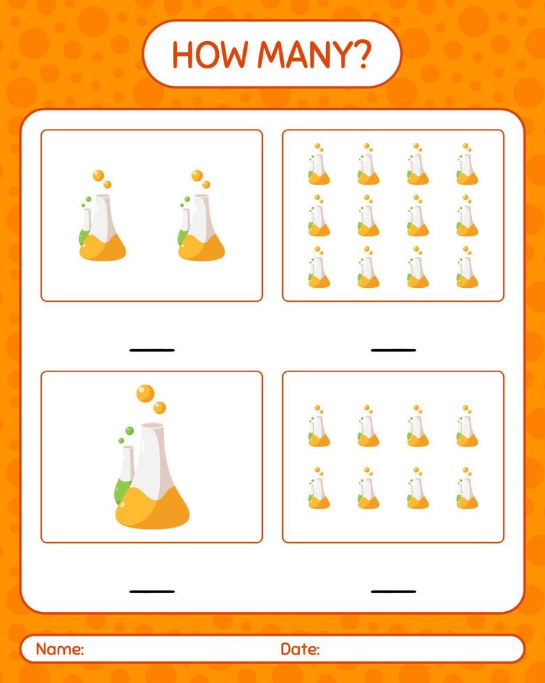 How many counting game with chemistry tube. worksheet for preschool kids, kids activity sheet vector