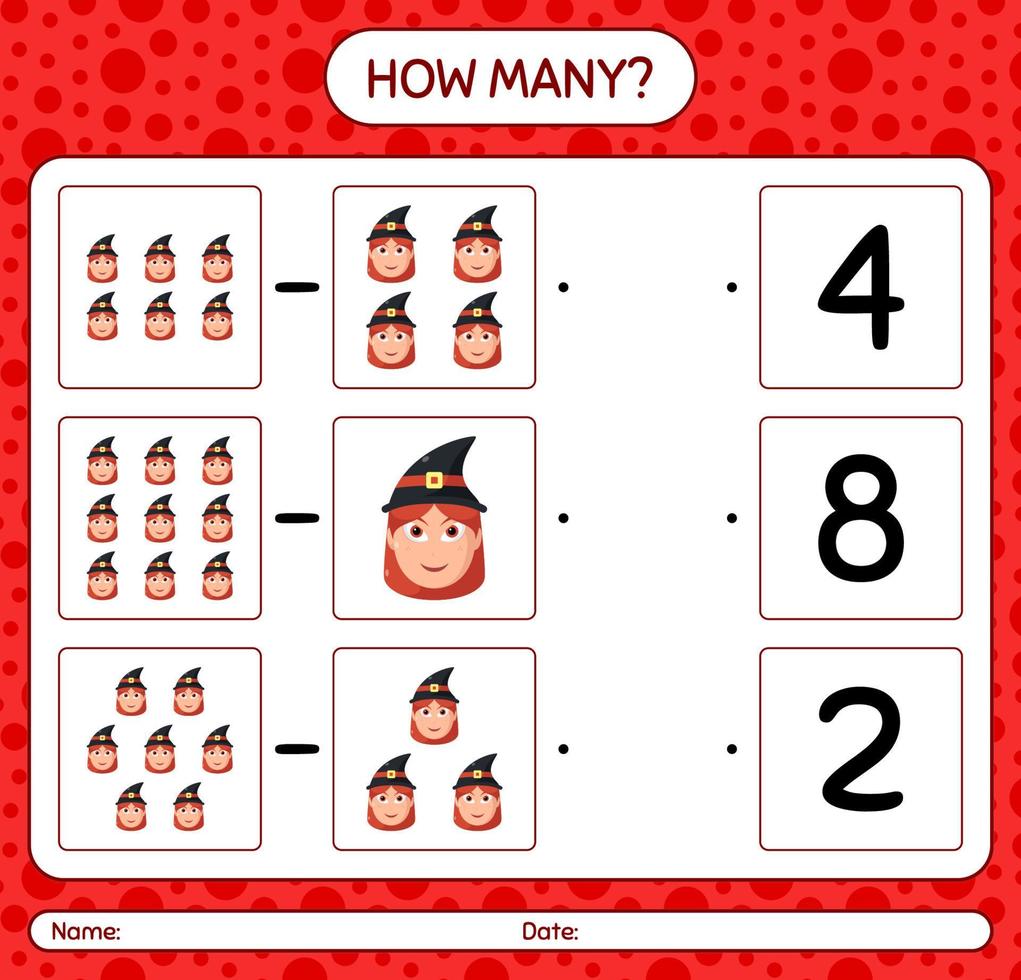 How many counting game with witch. worksheet for preschool kids, kids activity sheet vector