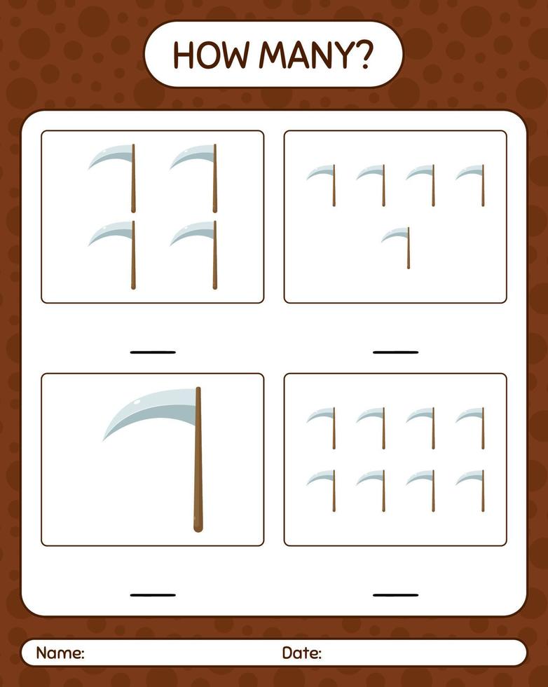 How many counting game with scythe. worksheet for preschool kids, kids activity sheet vector