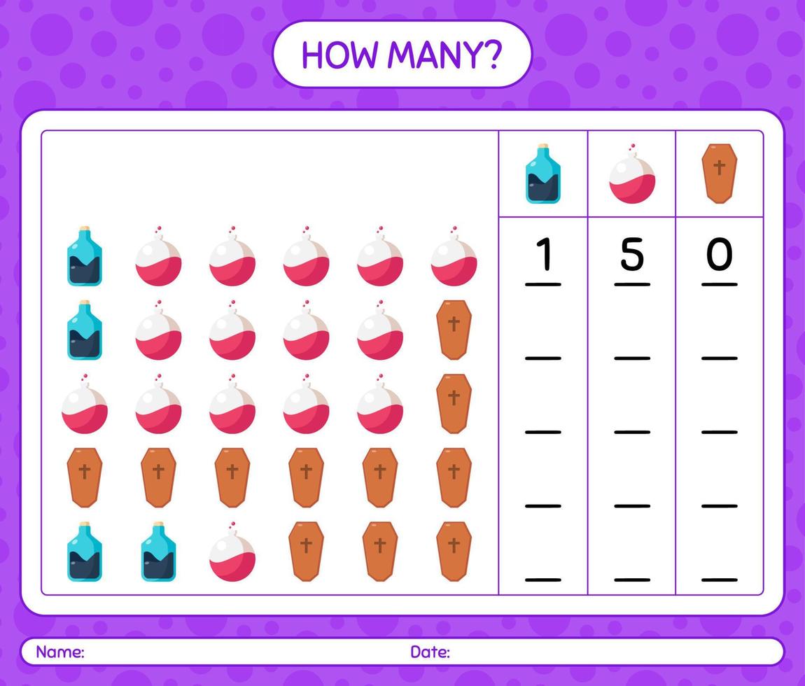 How many counting game with halloween icon. worksheet for preschool kids, kids activity sheet vector