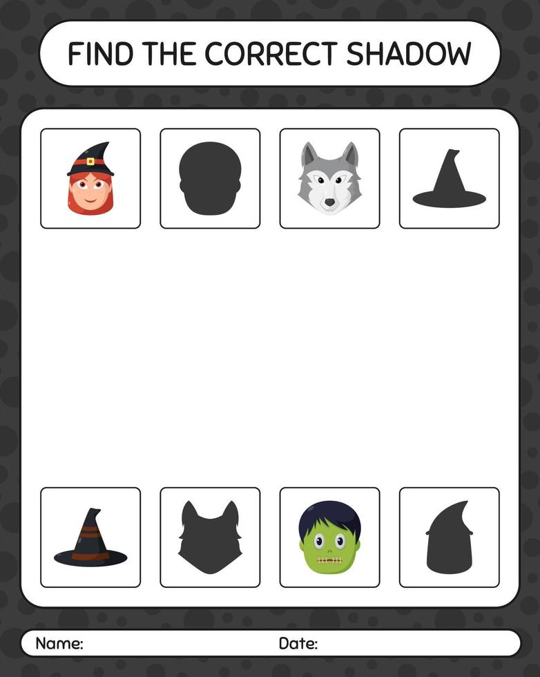 Find the correct shadows game with halloween icon. worksheet for preschool kids, kids activity sheet vector