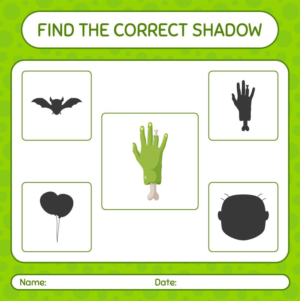 encuentra el juego de sombras correcto con la mano de zombie. hoja de trabajo para niños en edad preescolar, hoja de actividades para niños vector