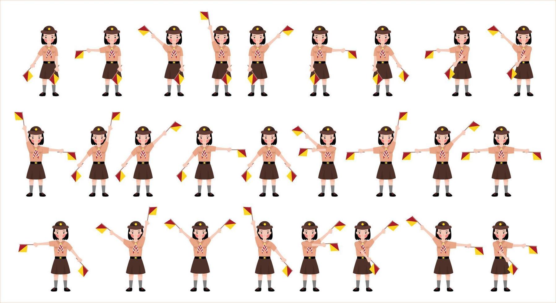 Indonesian girl scout holding semaphore flag illustration vector