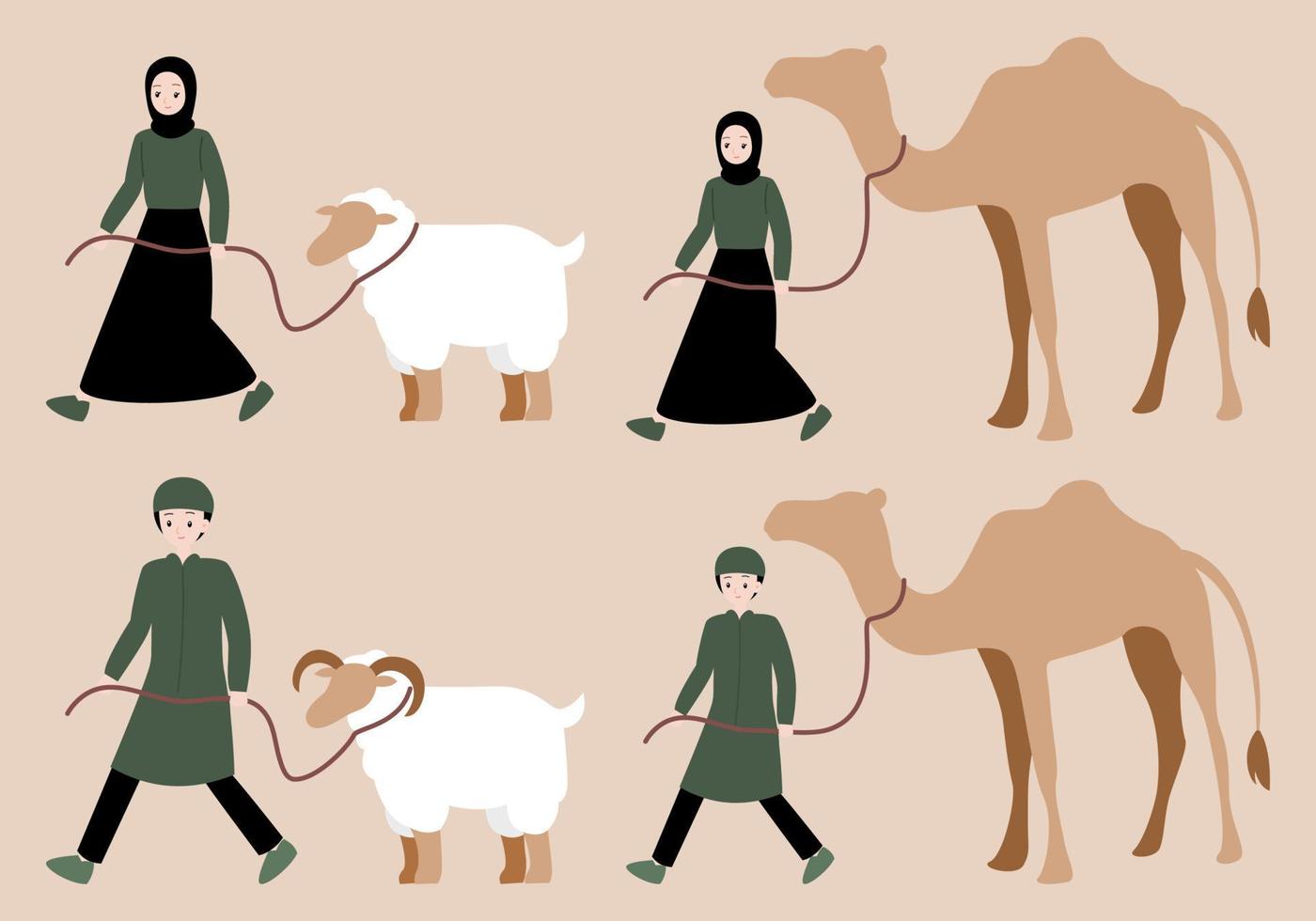 muslim people with eid al adha animal vector flat illustration