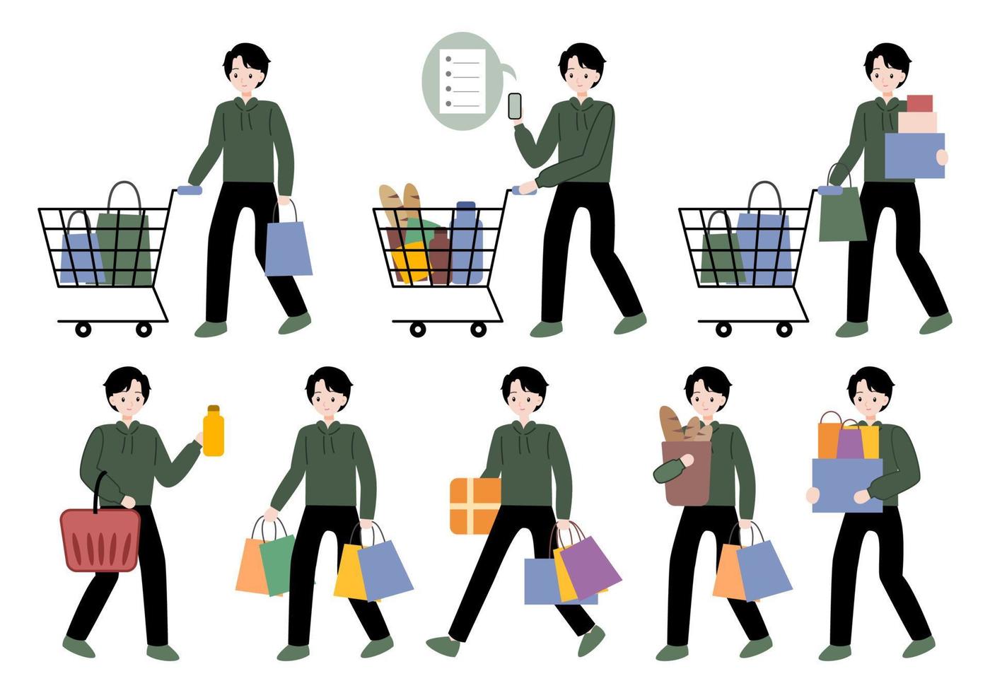 hombre personaje de dibujos animados compras vector plano