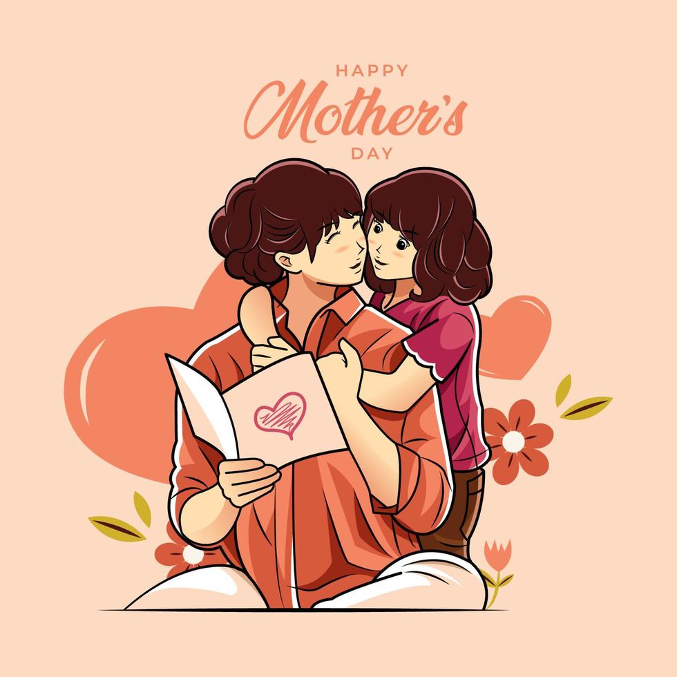 feliz día de la madre. la niña le da a su madre una tarjeta de felicitación ilustración vectorial descarga gratuita vector