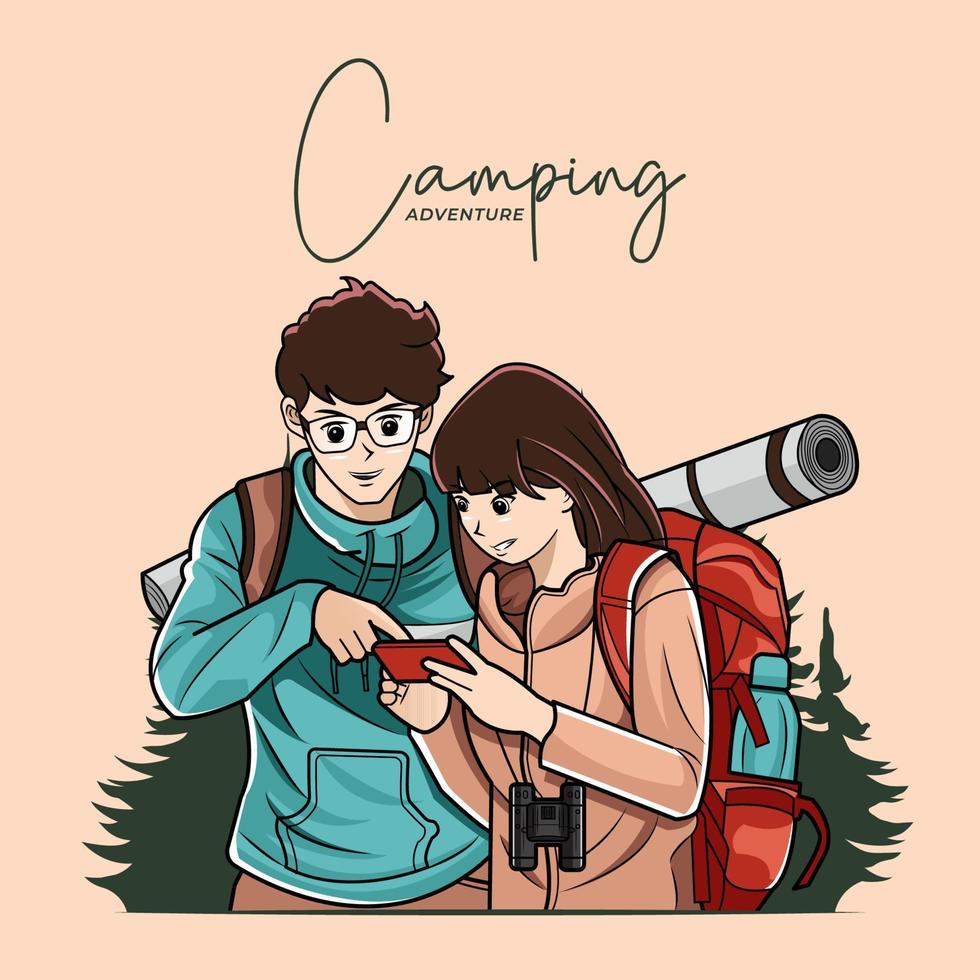 Young couple looking at directions vector illustration pro download