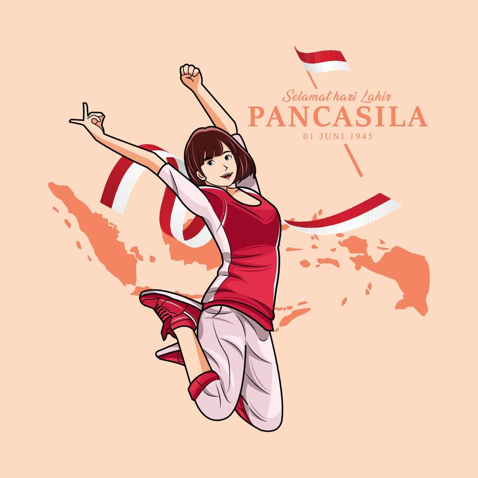 día de pancasila. niña salta felizmente vector ilustración pro descargar