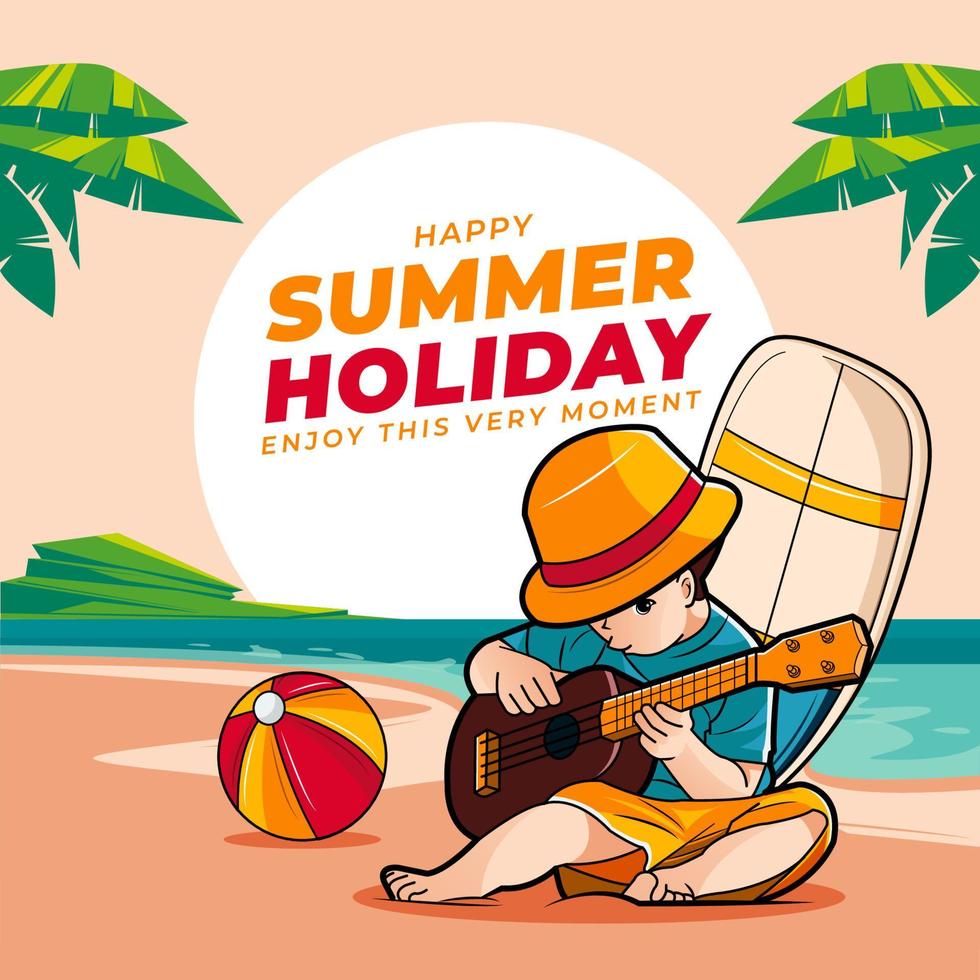 es horario de verano. niño pequeño tocando el ukelele hawaiano en la playa ilustración vectorial descarga profesional vector