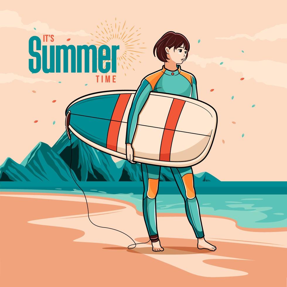 es horario de verano. chica joven que va a la playa con una tabla de surf ilustración vectorial descarga gratuita vector