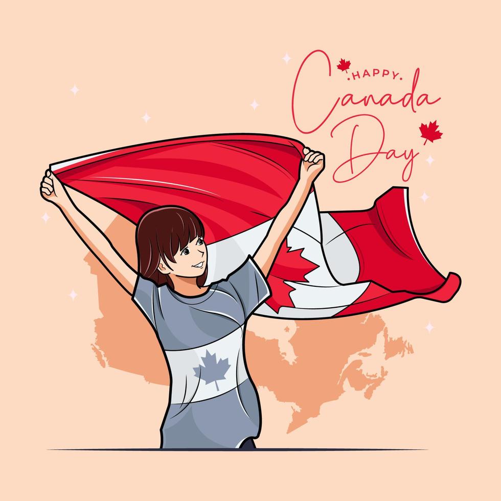 Dia de Canada. niña sostiene la bandera canadiense sonriendo ilustración vectorial descarga gratuita vector