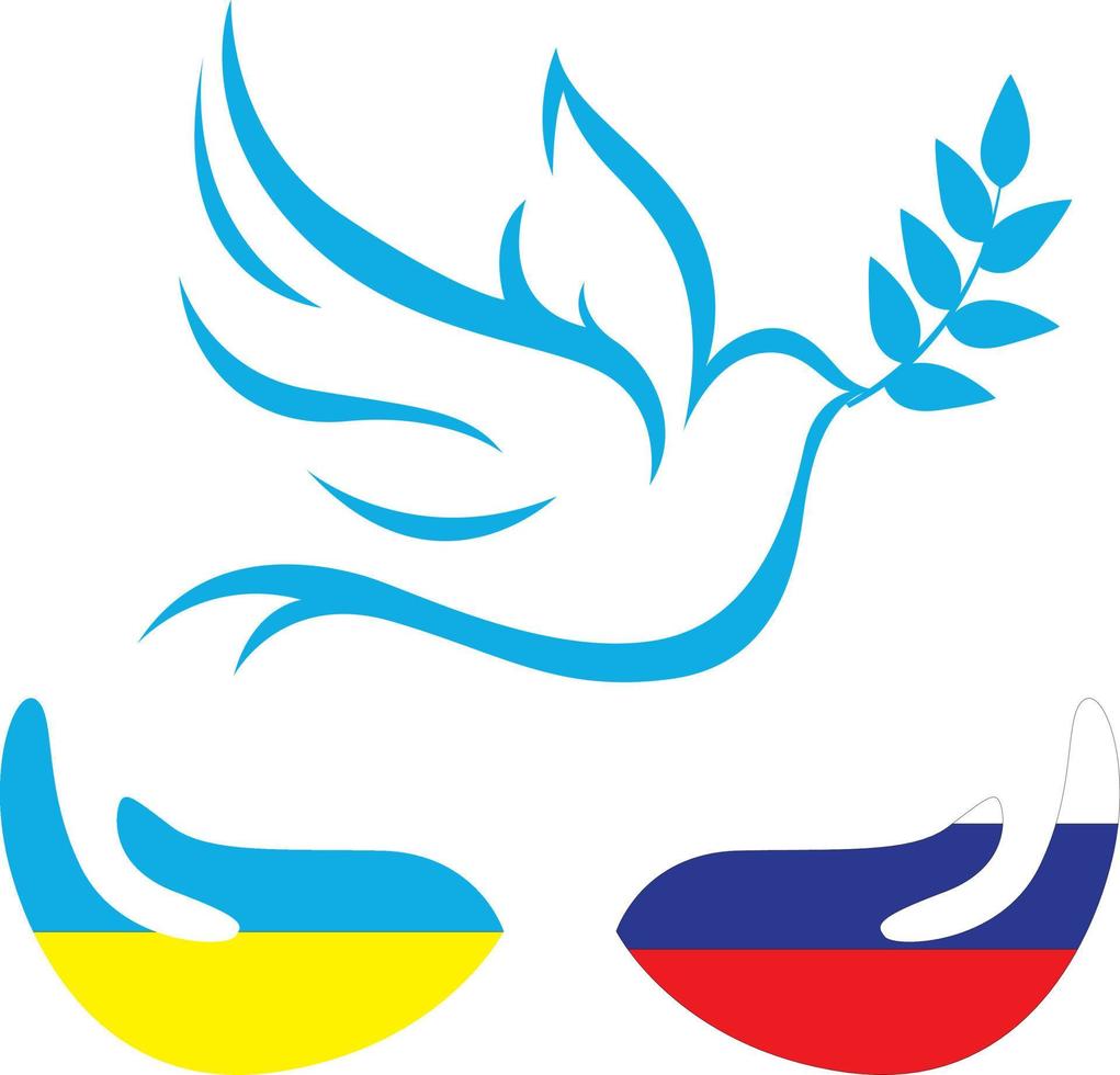 manos temblando con los colores de las banderas de ucrania y rusia junto a una paloma voladora con laurel en la boca sobre un fondo azul claro vector