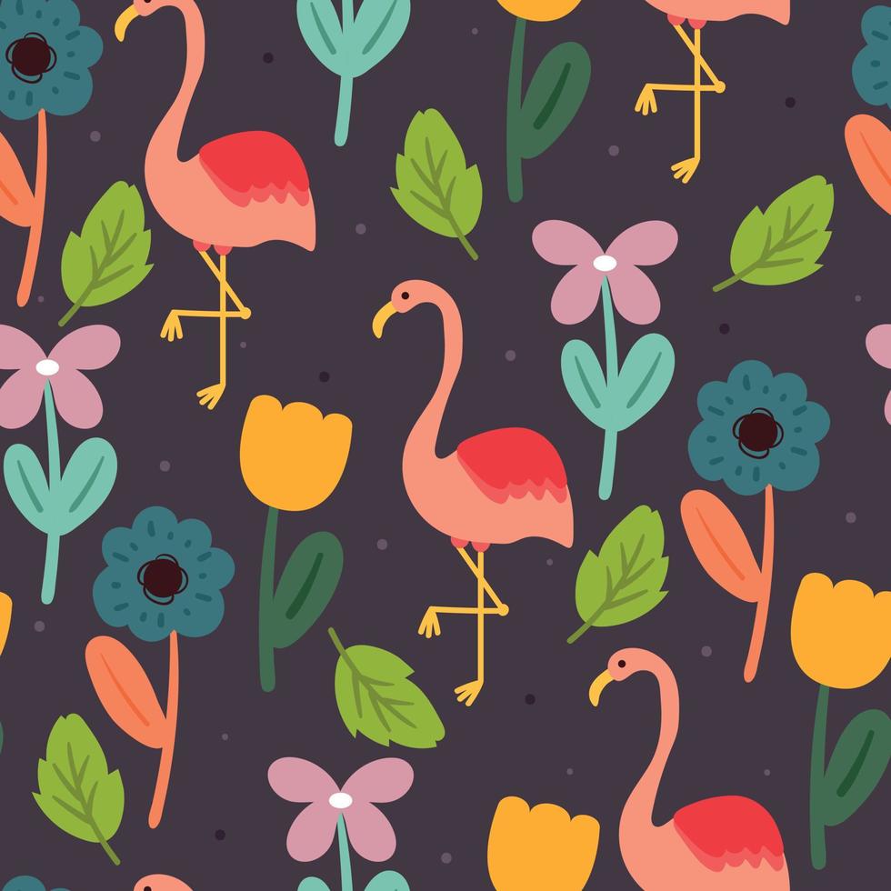 mano de patrones sin fisuras dibujo dibujos animados flamingo y flor. dibujo animal para estampado de tela, textil, papel de regalo vector