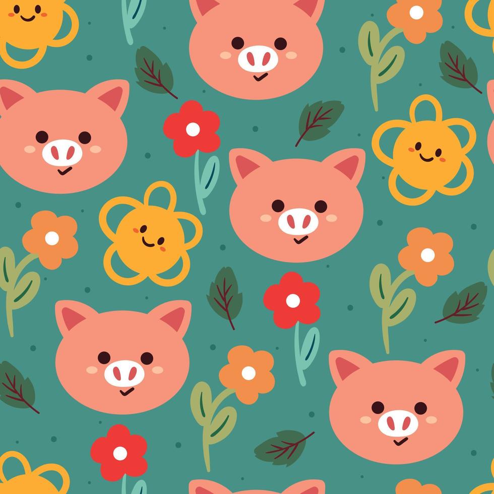 seamless pattern hand drawing cartoon pig and flower. animal drawing for fabric print, textile, gift wrap paper vector