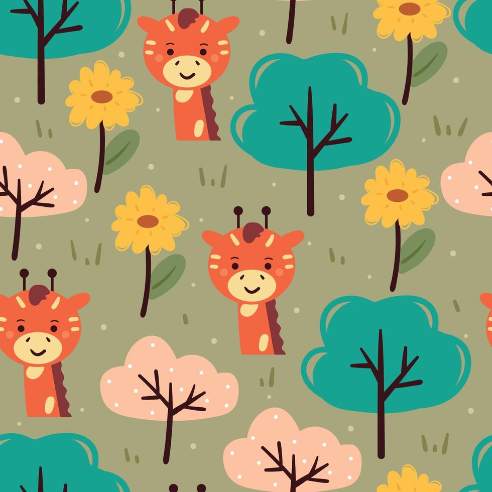 seamless pattern hand drawing cartoon giraffe and flower. animal drawing for fabric print, textile, gift wrap paper vector