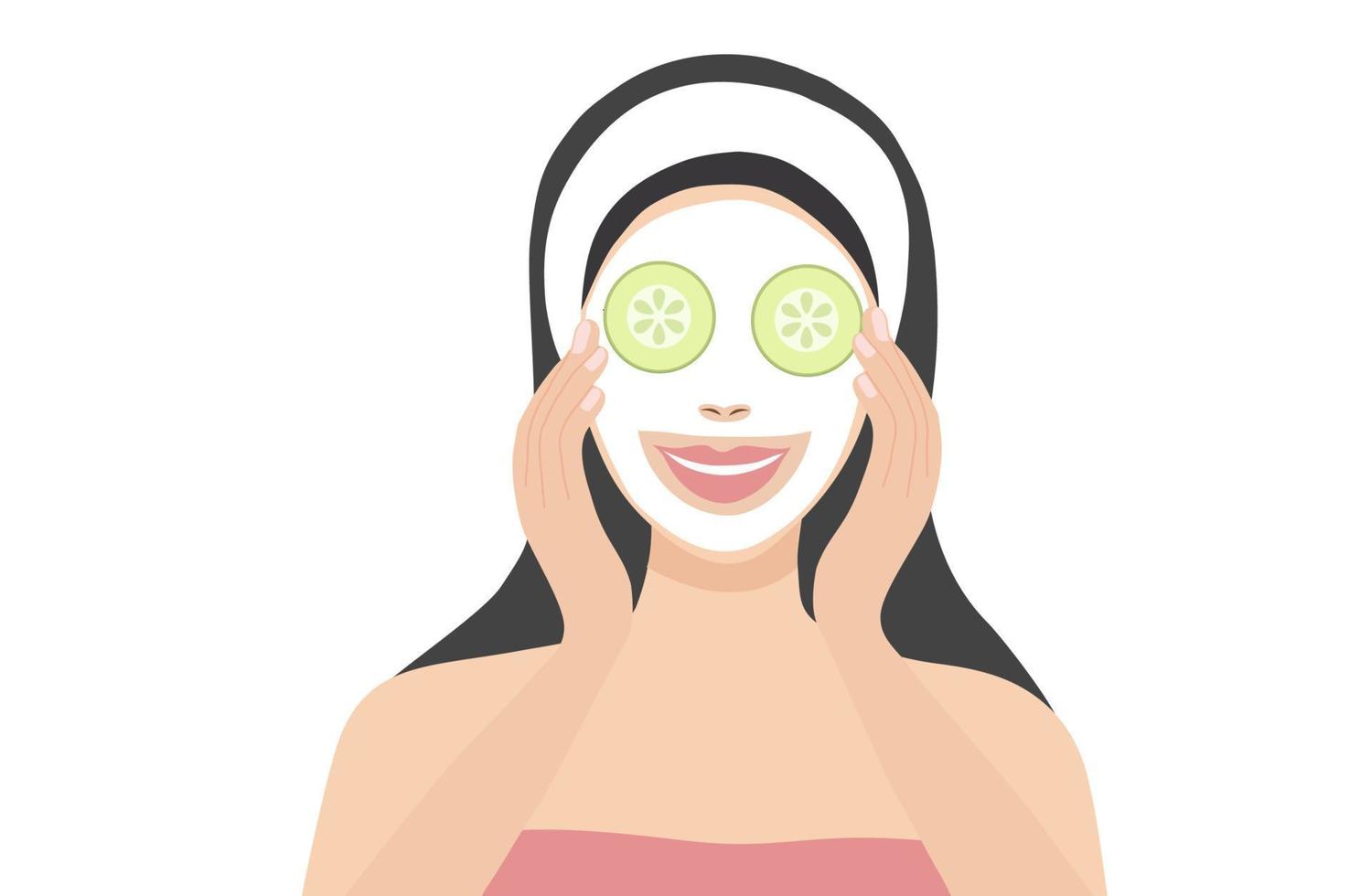 Woman applying face mask sheet and cucumber on her eyes vector illustration. Beauty routine and skin care treatment concept