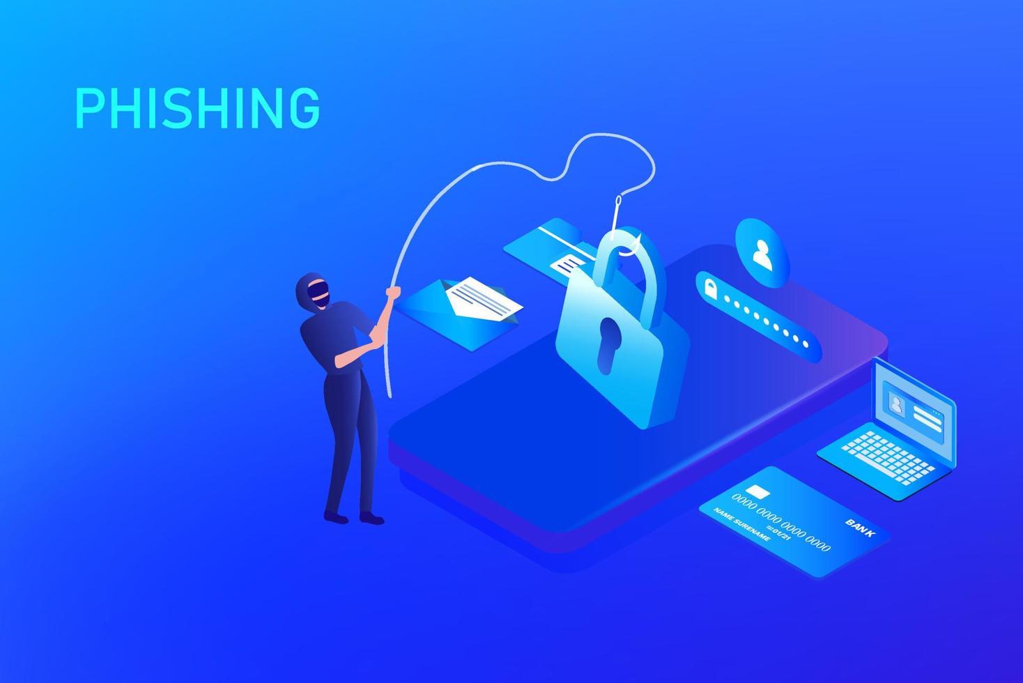 Phishing scam, hacker crime attack and personal data security concept. Hacker try to unlock the key and phishing account, stealing password. cyber security vector illustration