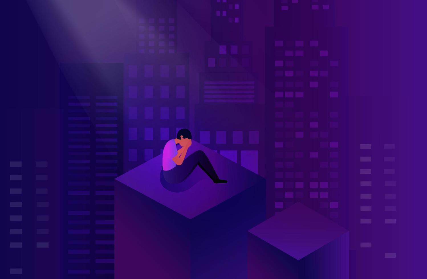 Sad and depressed man hug his knee sitting on rooftop. Unhappy and stressed, psychology, mental health, depression, stress. vector illustration.