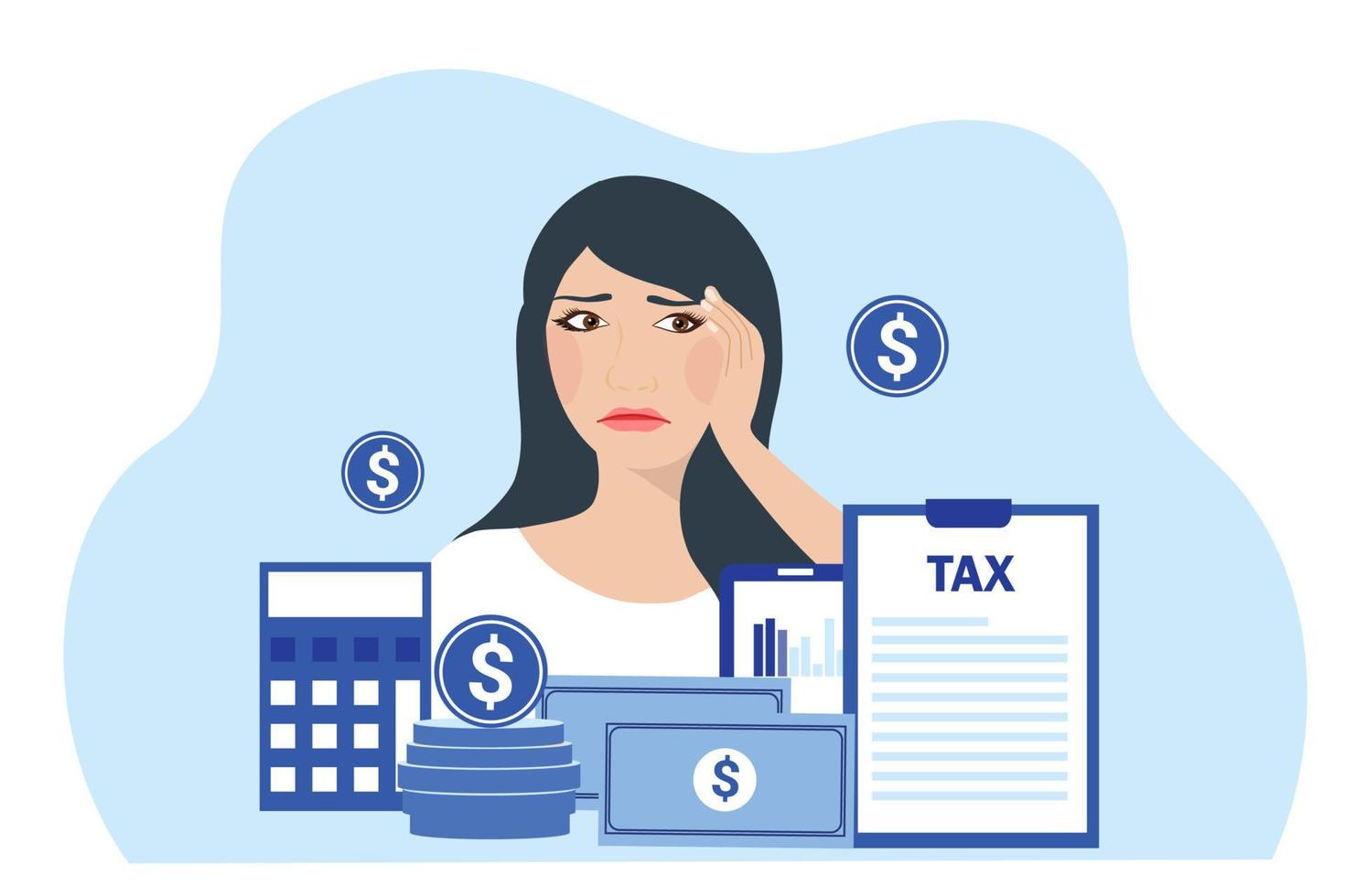 Tax time and tax payment concept. woman has a headache with tax calculation vector illustration