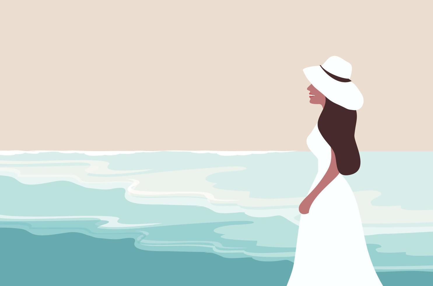 Woman in white dree on the beach in summer vector