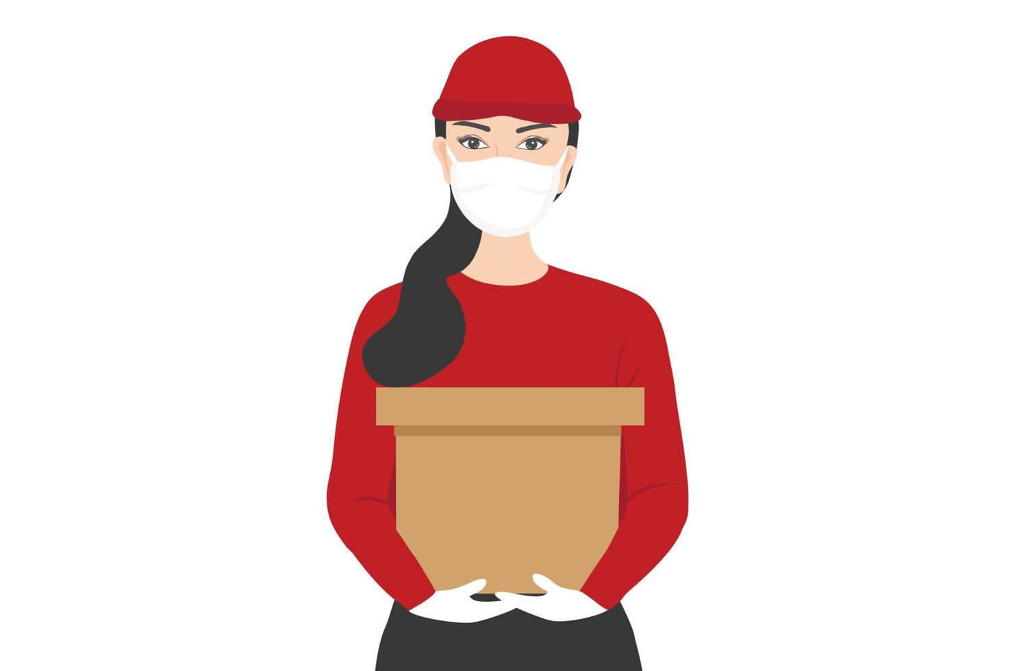 Delivery woman with face mask holding delivery box to customer vector illustration. Covid-19 prevention, online delivery service and delivery safety concept