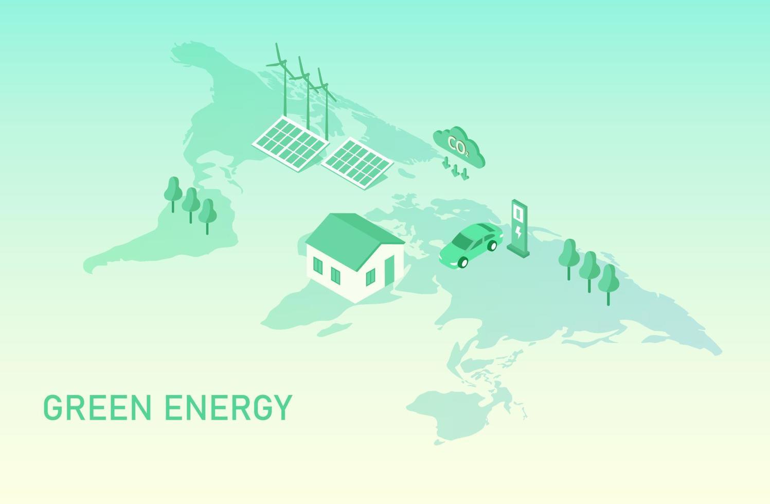 concepto de energía verde, reducción de emisiones de carbono co2, ecología ambiental de la casa verde con panel solar, turbinas eólicas, ilustración de vector de camión ev