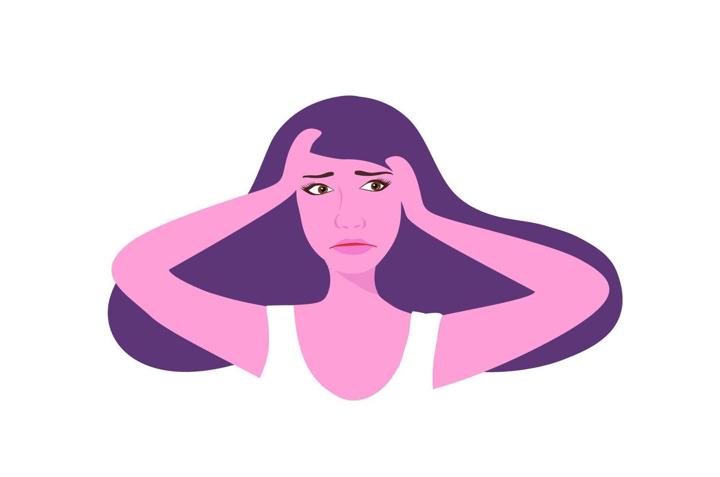 mujer infeliz que tiene ilustración de vector de dolor de cabeza de migraña. concepto de problema de salud