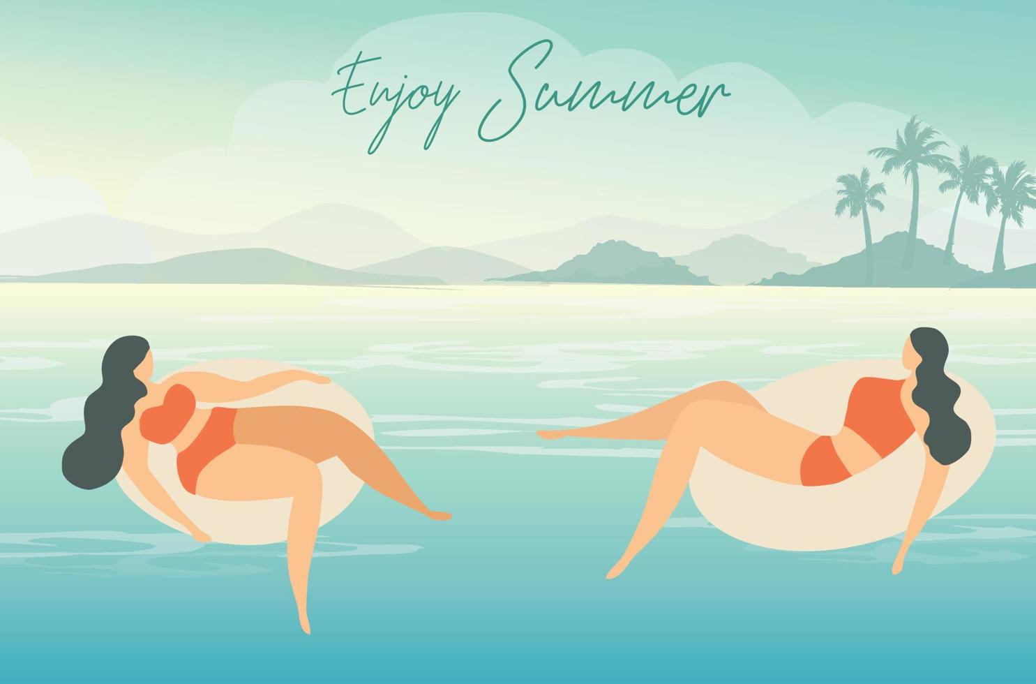 Enjoy summer lettering on bikini women on ring in sea beach vector illustration. Summer vacation holiday concept background