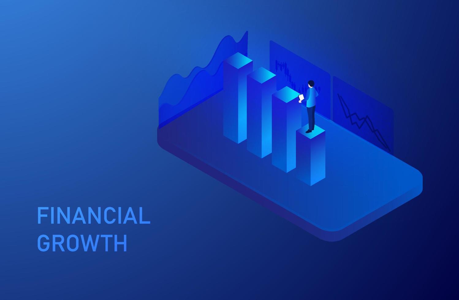 Financial investment growth concept. Businessman standing on growing steps vector illustration. Business investment profit, achievement and success