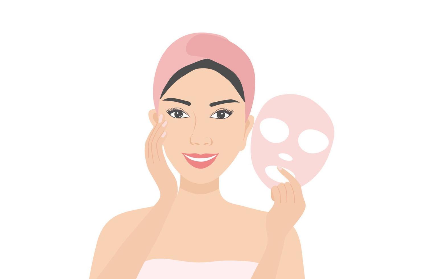 Beautiful woman applying facial sheet mask. Skin care, treatment, cosmetics and spa salon vector illustration