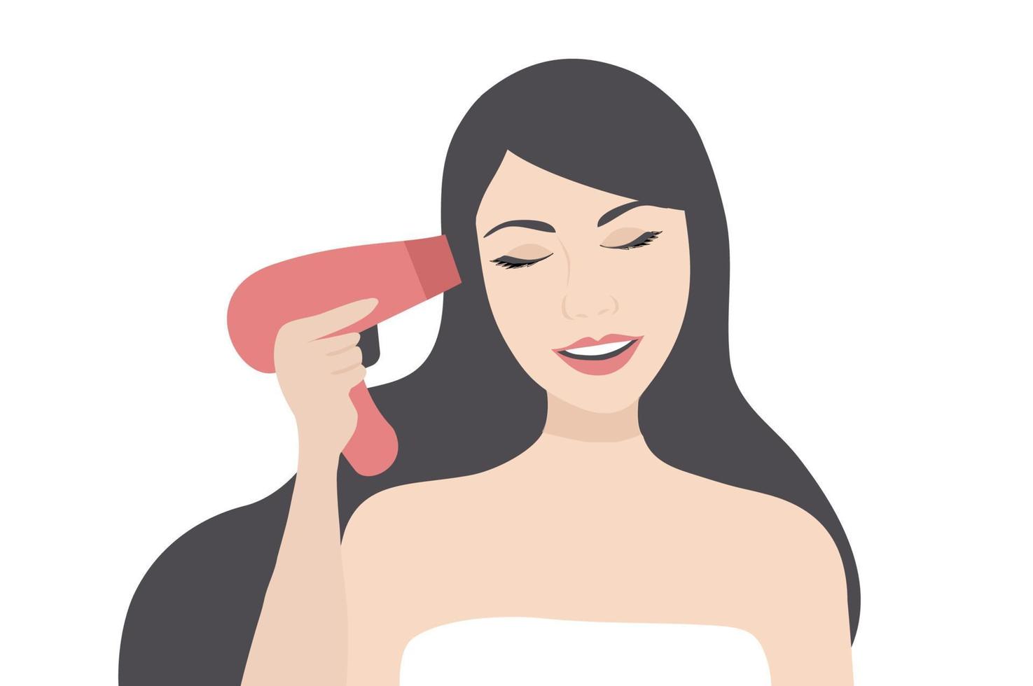 Beautiful young woman drying her hair with dryer vector illustration. Beauty routine concept