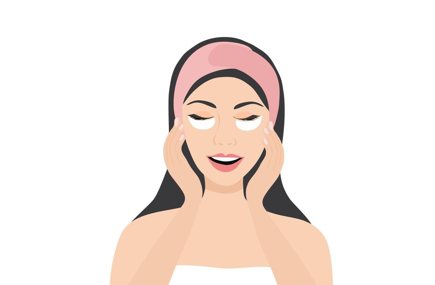 Beautiful woman wears cosmetic eye patches vector illustration. Skin care, cosmetic and beauty concept
