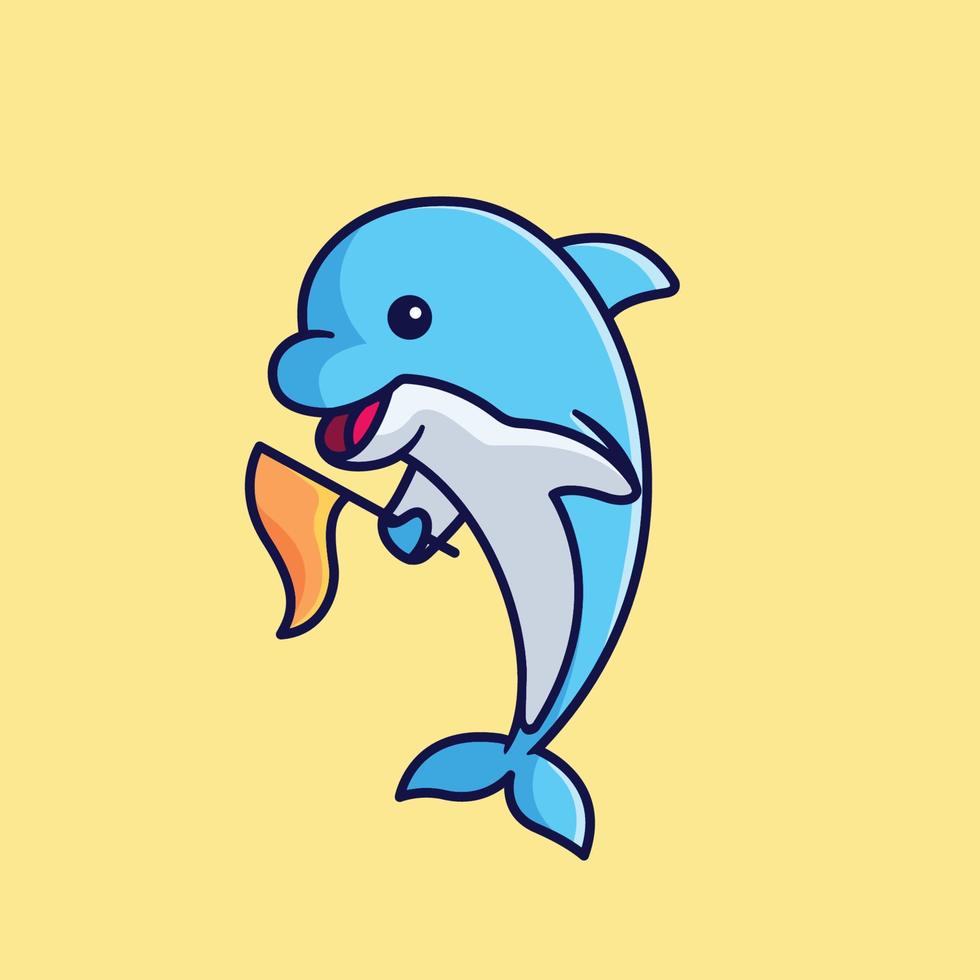 a happy cute dolphin bringing a flag cartoon illustration vector