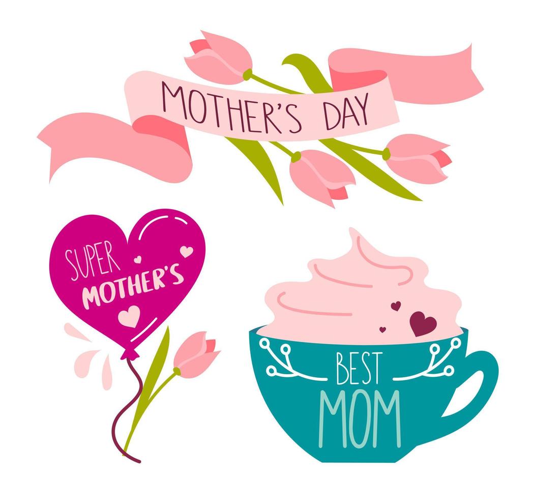Happy Mothers Day holiday sticker template set with Lettering Vector Illustration