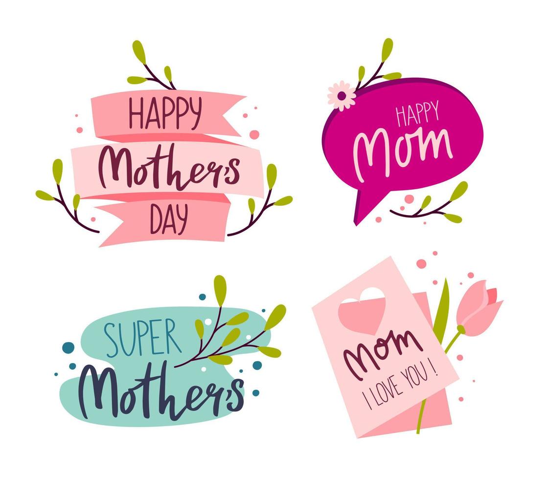 Happy Mothers Day holiday sticker template set with Lettering Vector Illustration