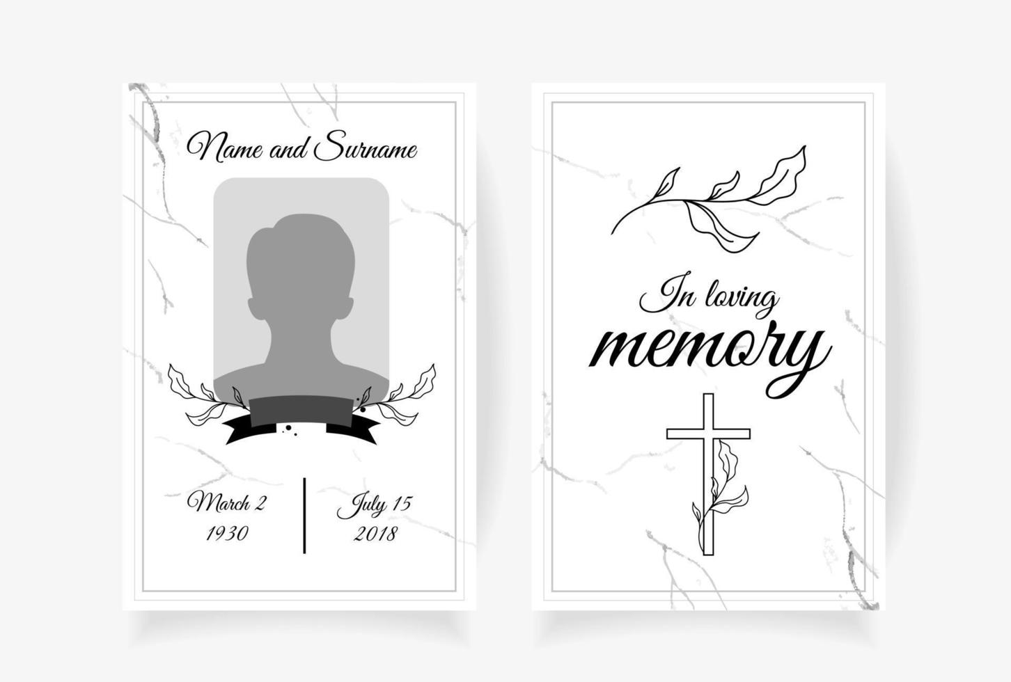 Funeral card template design with branches place under photo cross name and dates of death. Vector illustration in black and white