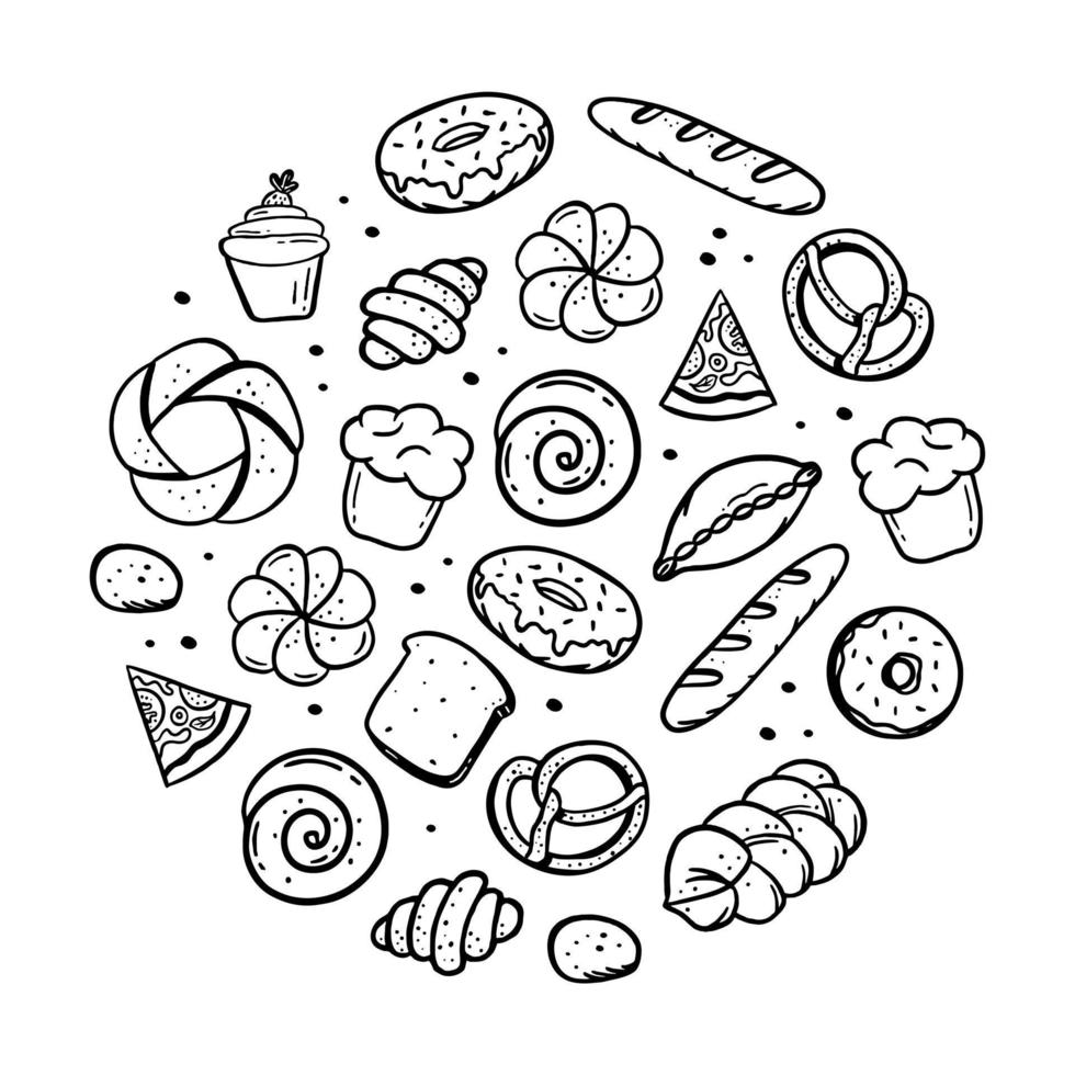 A hand-drawn set of bakery items elements bretzel croissant bread donut baguette Vector in the style of a doodle sketch. For cafe and bakery menus