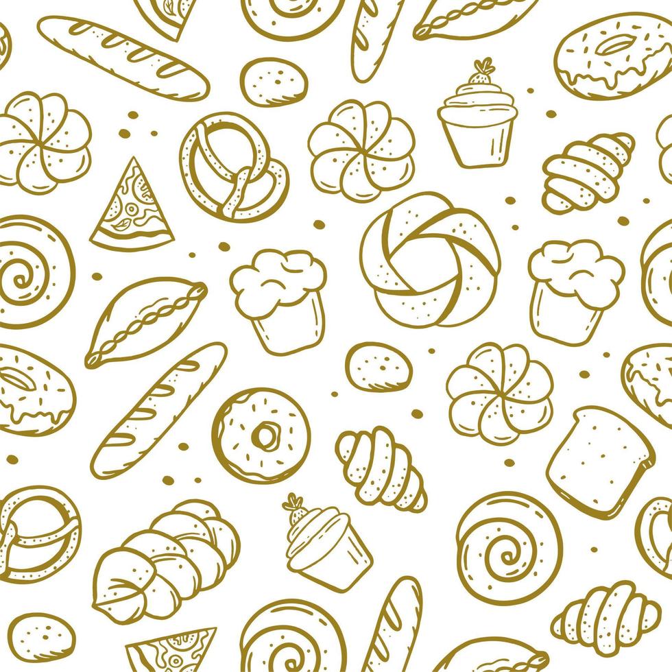 A hand-drawn pattern of bakery elements bretzel croissant bread donut baguette Vector in the style of a doodle sketch. For cafe and bakery menus