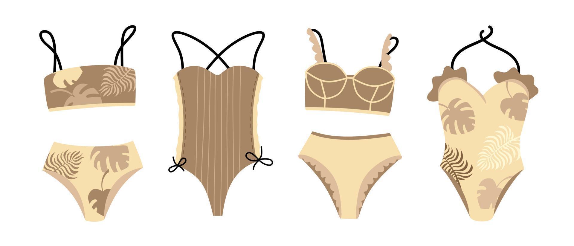 Collection of stylish swimwear and underwear Bikinis and tops Vector illustration isolated on a white background