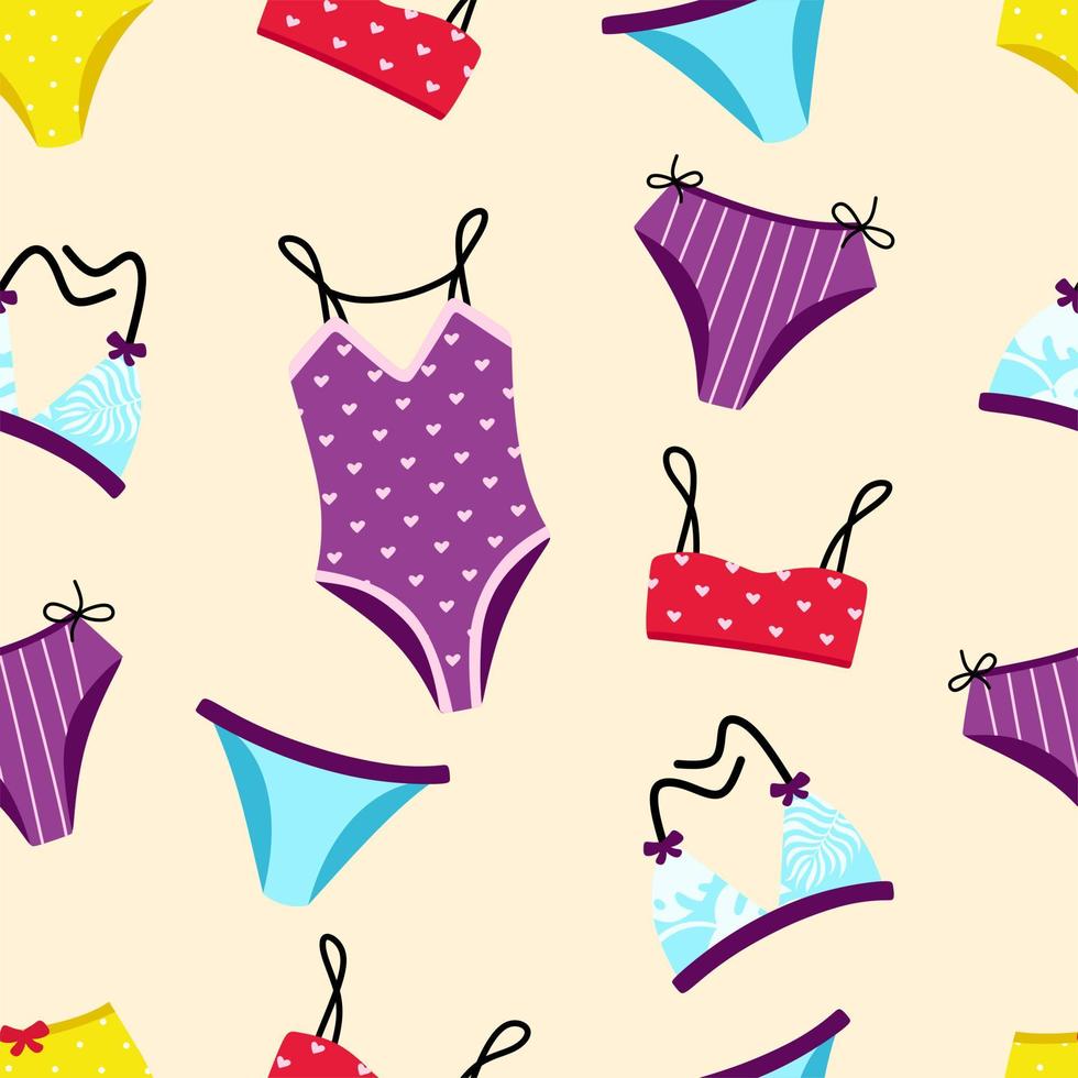 patrón sin costuras con traje de baño y bikinis en la ilustración de vector de fondo beige en estilo plano